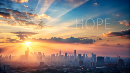 Fototapeta premium Skyline Background with Copy Space: Soft Pastel Shades of Dawn Breaking Over a City, Evoking Tranquility and Hope