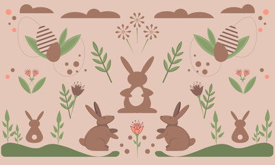 Happy Easter horizontal banner. Rabbits, eggs, branches, leaves, flowers. Greeting card. Vector illustration.