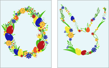 Clip art, Easter set with eggs and flowers. Decorations in colorful abstract design. Frames in the form of an egg and a rabbit. Vector illustrations.