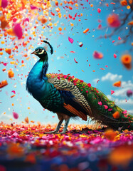 Obraz premium Holi Festival of Colours Animal Concept, Spring Holi bloom, peacock nestled amidst colourful flower petals, splashes of vibrant powder, blue skies, drifting festive colours, Indian Hinduism festival