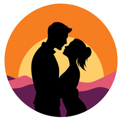 a silhouette of a couple kissing against a sunset