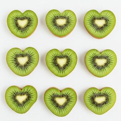 Fototapeta premium Heart-Shaped Kiwi Slices with Bright Green Flesh and Detailed Seeds on White Background
