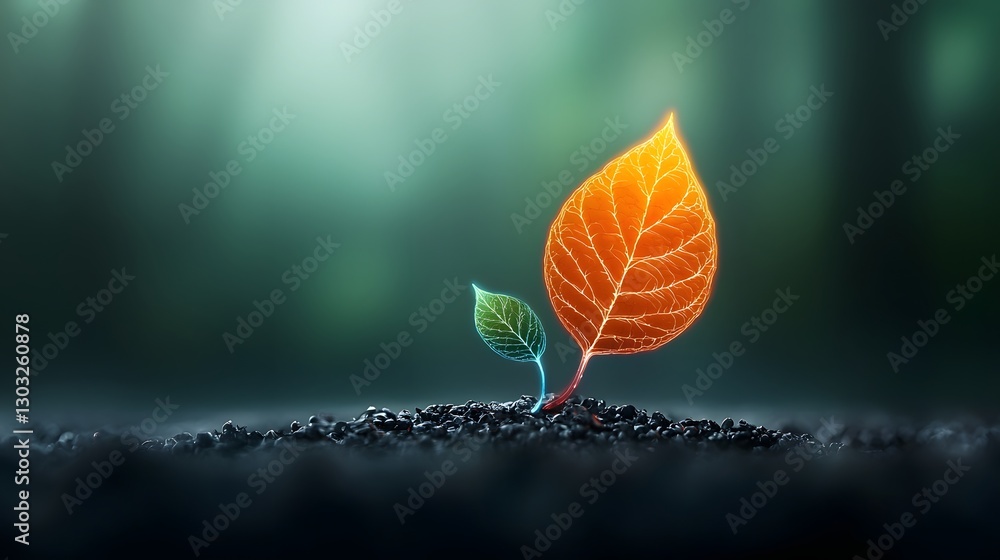 Poster glowing neon leaf with bio engineered veins resembling a futuristic digital network experimental and