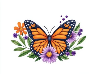 Fototapeta premium Vibrant butterfly perched among colorful flowers in a serene garden setting