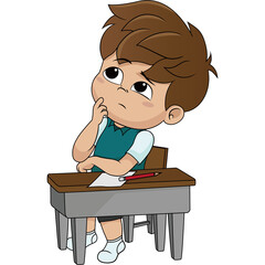 Adorable cartoon boy sitting at a school desk, representing education, learning, classroom environment, childhood development, and primary school activities.