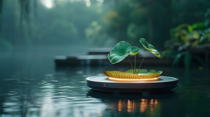 Glowing lily pad gracefully floating on a futuristic pond designed with innovative technology to naturally purify the water beneath it  This bio inspired