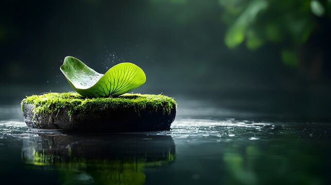 Glowing Lily Pad Floating on Futuristic Water Purifying Pond   A conceptual modern and minimalist design showcasing nature based technology for environmental sustainability and clean energy