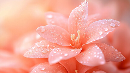Fototapeta premium A captivating close-up of raindrops delicately resting on a tiny flower’s petals, reflecting nature’s intricate beauty and serenity, symbolizing renewal, purity, and the delicate balance of life