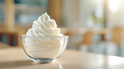 Creamy Soft Serve Ice Cream Piled High in a Clear Glass Bowl on a Wooden Table in Bright Cafe Setting