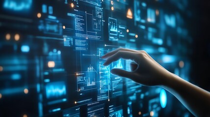 Human AI touch digital data on visual screen. Document management concept.