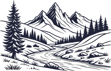 Minimalist Black and White Mountain Landscape Illustration