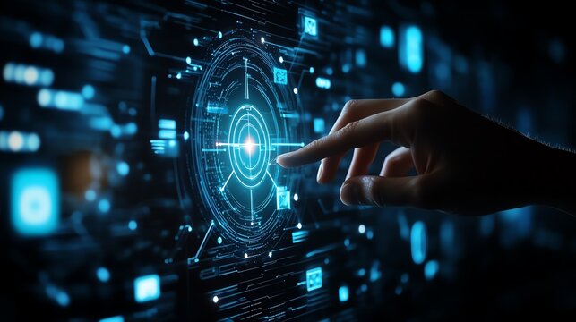 Human AI touch digital data on visual screen. Document management concept.