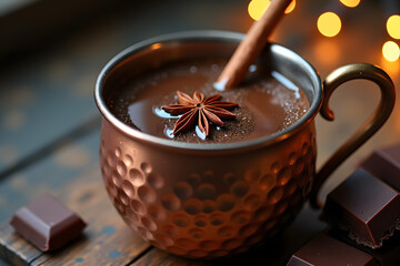 A moody close-up of a vintage copper cup filled with rich spiced hot cacao, topped with a star anise and a cinnamon stick, surrounded by soft warm lights