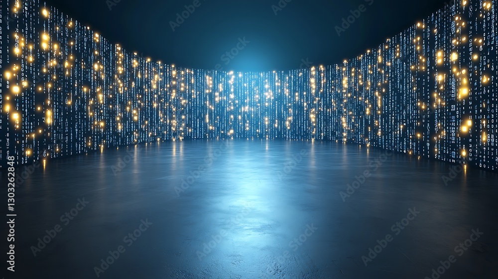 Poster abstract glowing digital background with luminous lights and reflective floor in futuristic space