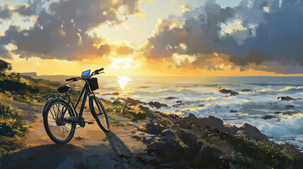 Fototapeta premium Bicycle parked on rocky coast at sunset with ocean waves and dramatic sky