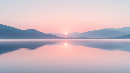 Fototapeta premium A breathtaking fantasy dawn with a pink afterglow illuminates the sky, reflecting on serene waters. Distant mountains rise beyond the horizon, creating a peaceful, ethereal atmosphere