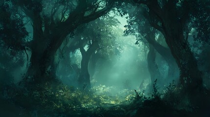 Obraz premium A mysterious forest pathway shrouded by thick mist and trees