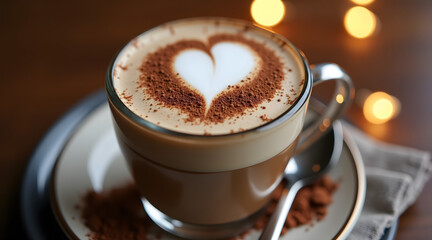 A top-down view of a cappuccino-style hot cacao served in a latte glass with a heart-shaped foam design on top, placed on a saucer with cocoa powder and soft bokeh lights