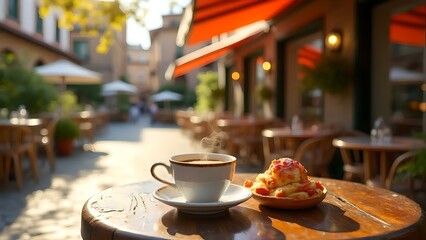Warm cup of coffee and dessert on a table in a quaint outdoor cafe during sunny afternoon