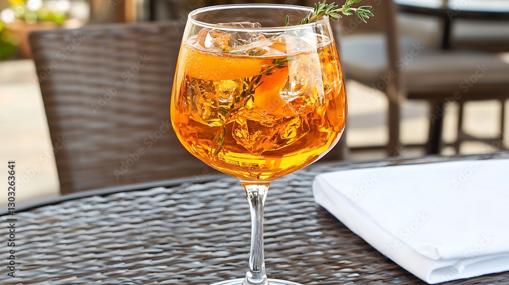 Poster refreshing citrus cocktail with ice and garnish served in a stylish glass on a rustic table setting