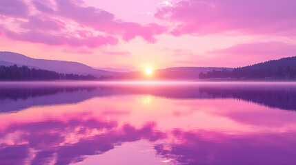 Fototapeta premium A breathtaking fantasy dawn with a pink afterglow illuminates the sky, reflecting on serene waters. Distant mountains rise beyond the horizon, creating a peaceful, ethereal atmosphere