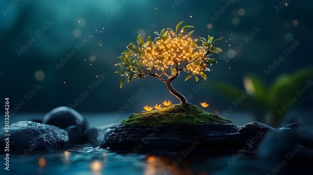 Poster genetically engineered tree with flowers that emit mesmerizing holographic lights creating a visuall