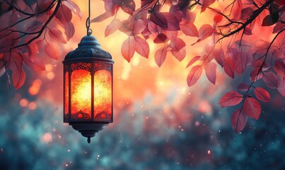 Ornate lantern glows warmly amidst autumn leaves, soft bokeh background, warm tones, vintage style, glowing light, outdoor setting