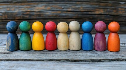 Colorful wooden figures in a row on rustic wood.
