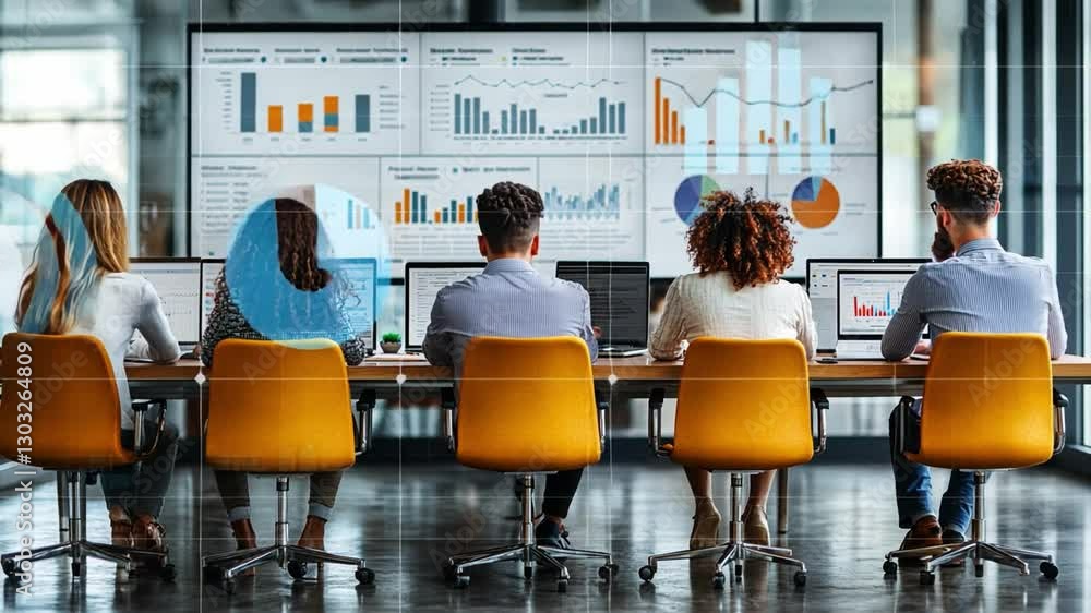 Poster business data analysis: a team of analysts engrossed in data visualizations, working together to dec