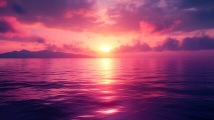 Obraz premium A breathtaking fantasy dawn with a pink afterglow illuminates the sky, reflecting on serene waters. Distant mountains rise beyond the horizon, creating a peaceful, ethereal atmosphere