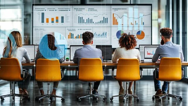 Business Data Analysis: A team of analysts engrossed in data visualizations, working together to decipher complex patterns, predict market trends, and make informed decisions. - Powered by Adobe