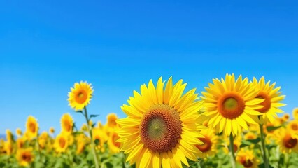 Obraz premium A field of yellow sunflowers swaying in the breeze against a bright blue sky, wind, sunflower