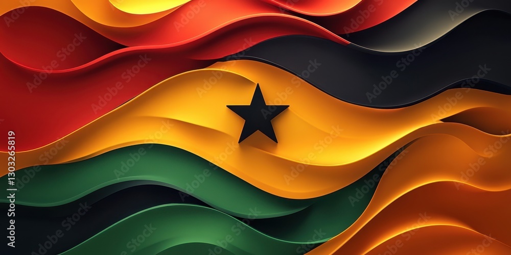 Poster vibrant waves of ghana's national flag in 3d representation emphasizing unity and heritage