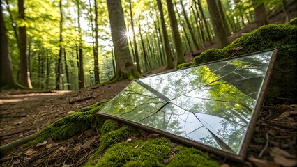 A conceptual photograph of a cracked mirror on the forest floor, reflecting vibrant trees above, symbolizing fractured identity and the search for clarity
