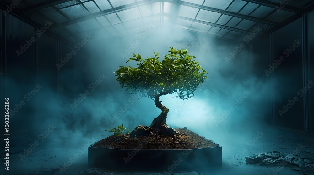Aufkleber futuristic image of a genetically engineered tree with metallic bark and branches emitting a soft bl