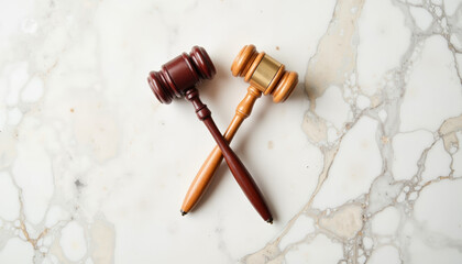 Crossed gavels symbolizing debate in legal office theme, justice concept