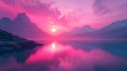 Fototapeta premium A breathtaking fantasy dawn with a pink afterglow illuminates the sky, reflecting on serene waters. Distant mountains rise beyond the horizon, creating a peaceful, ethereal atmosphere
