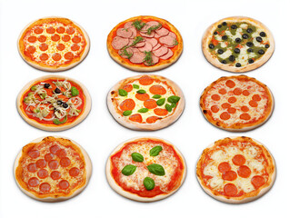 Vielfältige Pizzakreationen auf einem weißen Hintergrund für Feinschmecker

