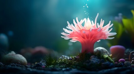 Futuristic glowing plant designed to thrive in underwater environments producing oxygen and supporting marine life through sustainable bio inspired design
