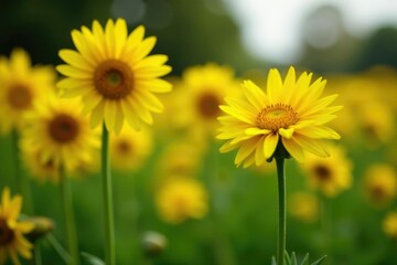 Obraz premium Bright yellow flowers on Helianthus tuberosus plant stems, tuberosus, artichoke, autumn blooms
