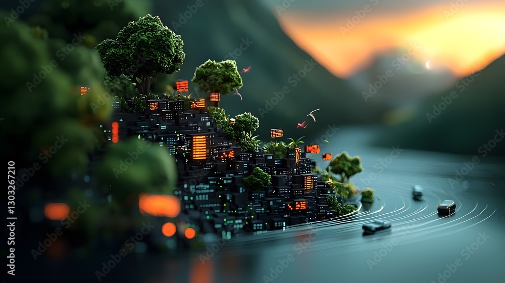 Poster futuristic digital landscape with sweeping panoramic view of abstract information networks glowing n