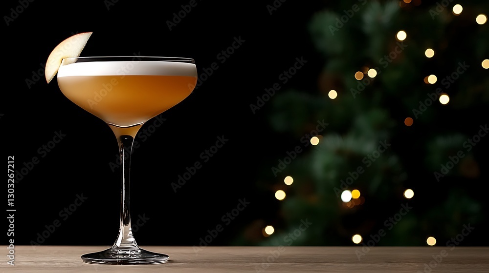 Poster elegant cocktail with frothy top and apple slice, surrounded by festive bokeh lights backdrop