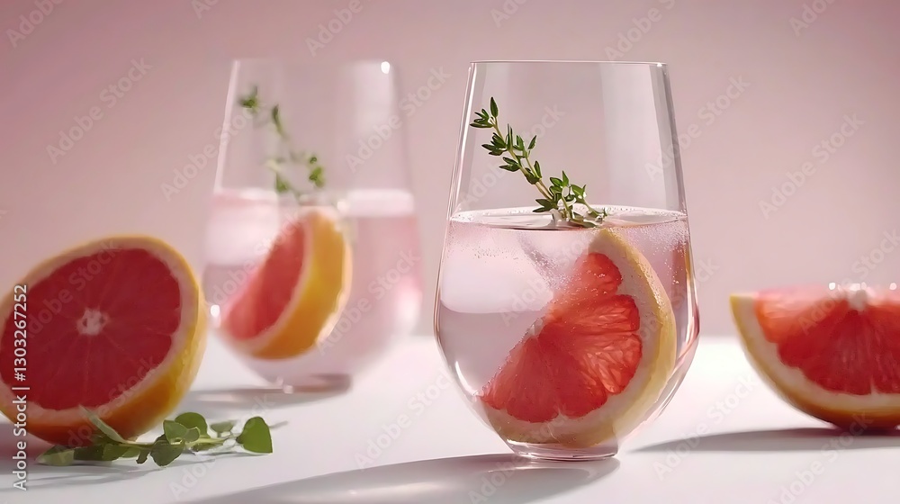Poster refreshing citrus beverage with grapefruit and thyme in elegant glasses on soft background