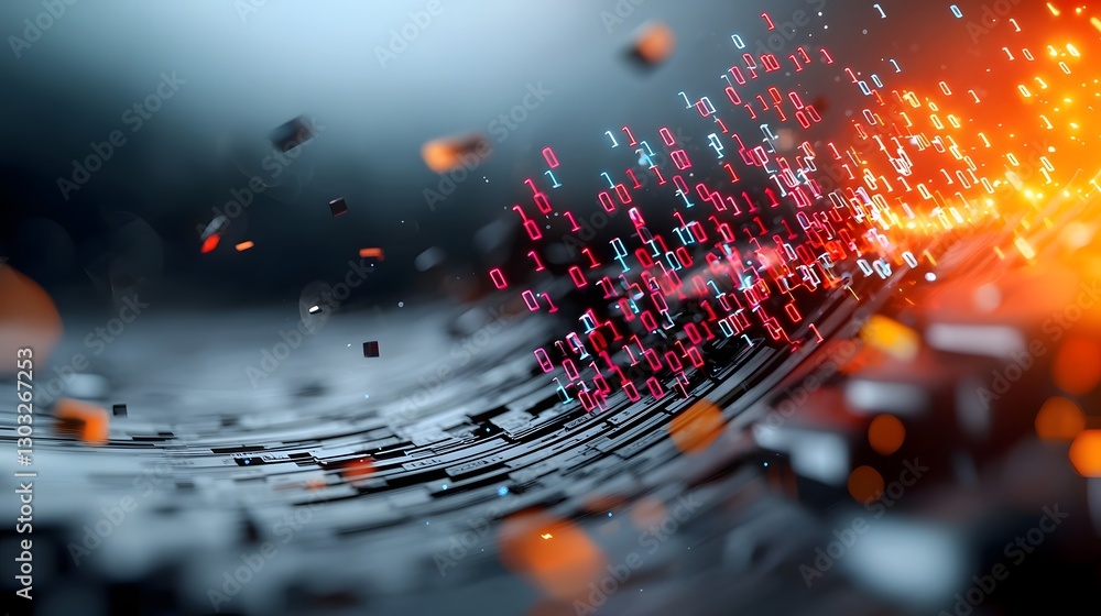 Poster futuristic digital landscape with sweeping panoramic view of abstract information networks glowing n