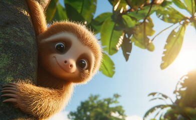 Obraz premium Adorable Cartoon Sloth Clinging to a Textured Tree Trunk Under a Bright Tropical Sky