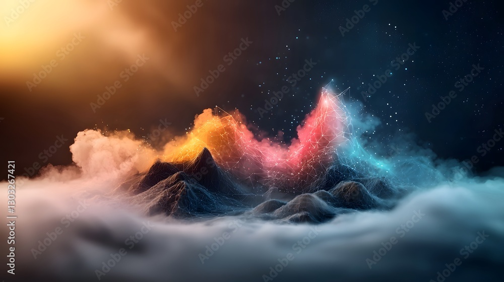 Poster futuristic digital landscape with interconnected nodes and glowing energy pulses radiant energy fiel
