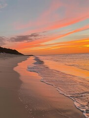 Obraz premium The setting sun casts a golden glow on gentle waves, with vibrant clouds reflecting off the wet sand of a tranquil beach.