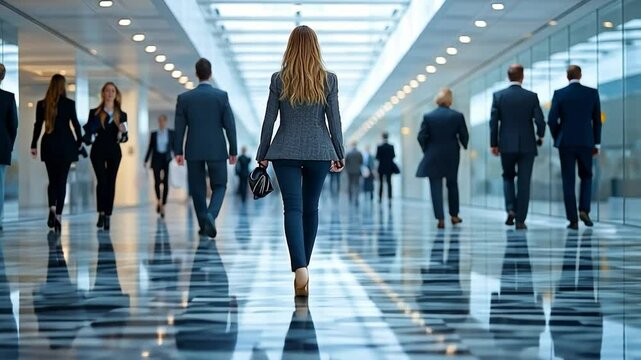 Businesswoman Leads the Way: A determined businesswoman confidently strides down a modern, sleek hallway, surrounded by a diverse group of professionals, all focused on their respective goals.
