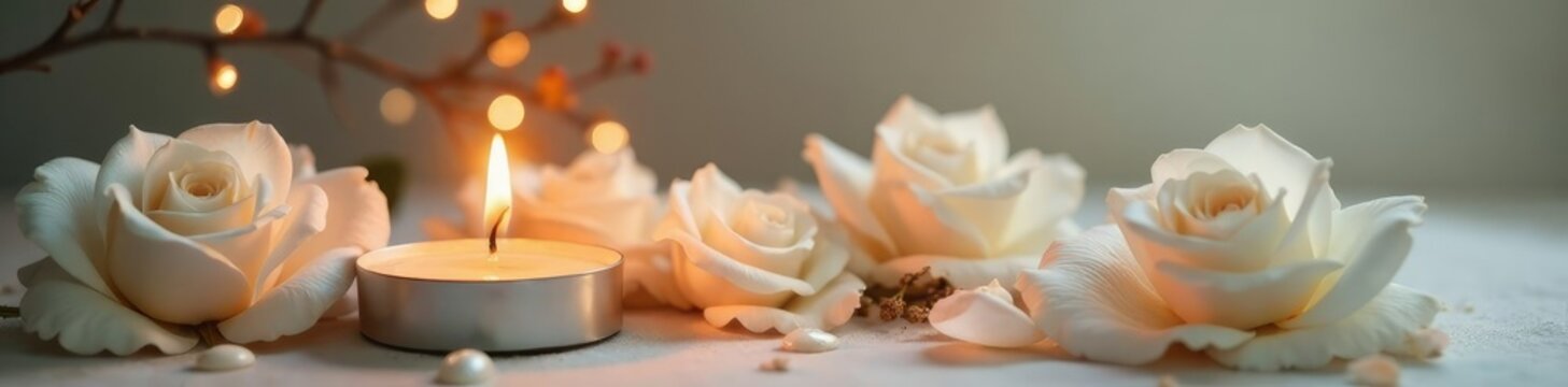 Burning candle on a serene white rose background, roses, peacefulbackground