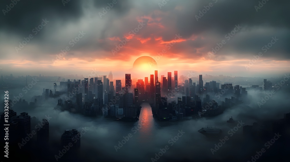 Poster futuristic digital cityscape with cascading data flows and holographic interfaces sweeping panoramic